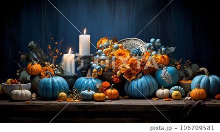 感謝祭の背景:ハロウィン、かぼちゃ、落ち葉が木の背景の上に。テキスト用のコピー空間付き 感謝祭の背景:ハロウィン、かぼちゃ、落ち葉が木の背景の上に。テキスト用のコピー空間付き 106709581
