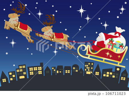 クリスマスの夜に星空の中をトナカイのソリで飛ぶサンタクロースの