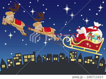クリスマスの夜に星空の中をトナカイのソリで飛ぶサンタクロースの