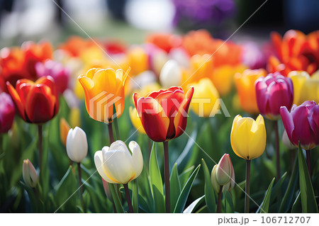 Multicolor tulips flowers in the garden.GenerativeAI. Multicolor tulips flowers in the garden.GenerativeAI. 106712707