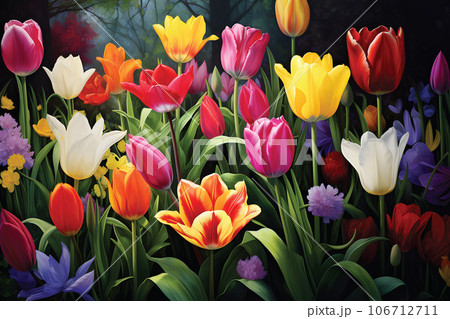 Multicolor tulips flowers in the garden.GenerativeAI. Multicolor tulips flowers in the garden.GenerativeAI. 106712711