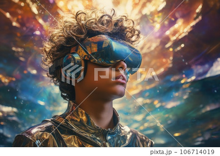 Boy wearing virtual reality headset. VR goggles innovation technology. Generative AI Boy wearing virtual reality headset. VR goggles innovation technology. Generative AI 106714019