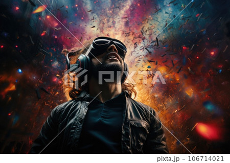 Boy wearing virtual reality headset. VR goggles innovation technology. Generative AI Boy wearing virtual reality headset. VR goggles innovation technology. Generative AI 106714021