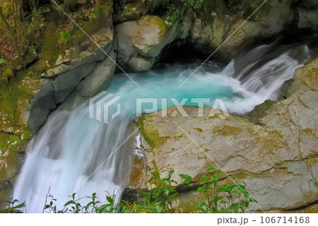 伊豆半島・中伊豆・河津七滝・流れ落ちる様子がエビの尾ビレのように見えるエビ滝・静岡県河津町(5) 106714168