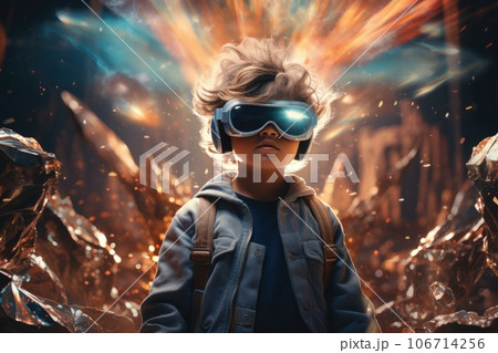 Boy wearing virtual reality headset. VR goggles innovation technology. Generative AI Boy wearing virtual reality headset. VR goggles innovation technology. Generative AI 106714256