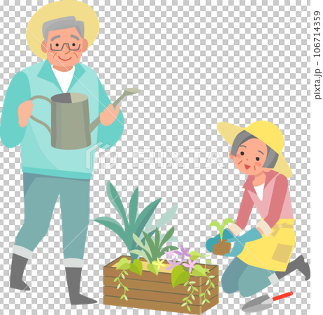 Smiling senior couple enjoying gardening 106714359