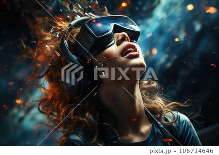 Girl wearing virtual reality headset. VR goggles innovation technology. Generative AI Girl wearing virtual reality headset. VR goggles innovation technology. Generative AI 106714646