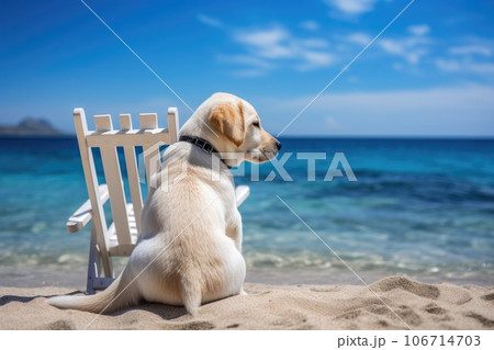 Labrador dog wearing sunglasses on the beach. Generative AI 106714703