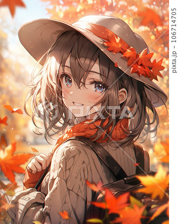 秋の景色と帽子をかぶった可愛い女の子 106714705