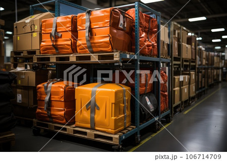 Full rack shelf in mega storehouse. Logistic concept. Generative AI 106714709