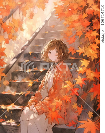 秋の景色の中、階段に座る女の子 106714710