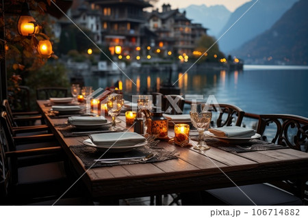 Luxury dining chair and table near lake background. Generative AI 106714882