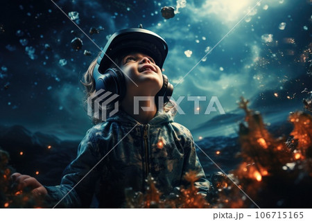 Boy wearing virtual reality headset. VR goggles innovation technology. Generative AI 106715165