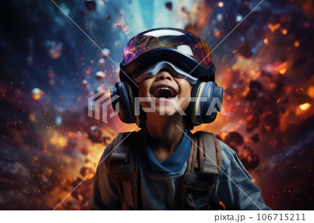 Boy wearing virtual reality headset. VR goggles innovation technology. Generative AI 106715211