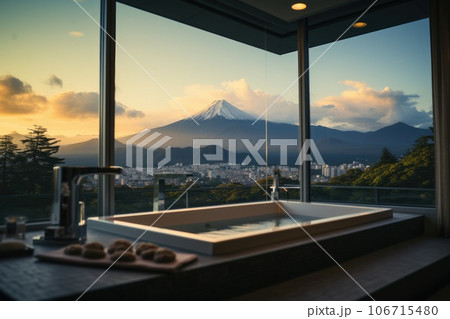 Luxury Hotel Bathtub at bath room with Fuji mountain background. Generative AI 106715480