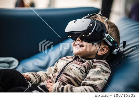 Boy wearing virtual reality headset. VR goggles innovation technology. Generative AI Boy wearing virtual reality headset. VR goggles innovation technology. Generative AI 106715505