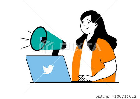 Social media marketing concept with people scene in flat web design. Woman with megaphone promoting blog online and makes promo posts. Vector illustration for social media banner, marketing material. 106715612