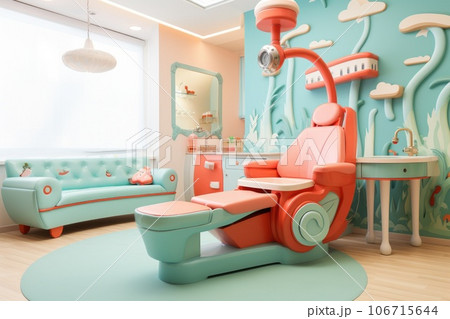 Dental clinic chair at clinic, cute interior for kid. Generative AI Dental clinic chair at clinic, cute interior for kid. Generative AI 106715644