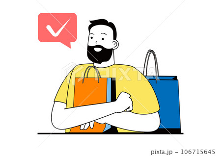 Shopping concept with people scene in flat web design. Man with bag making purchases at sale and ordering new goods at online store. Vector illustration for social media banner, marketing material. Shopping concept with people scene in flat web design. Man with bag making purchases at sale and ordering new goods at online store. Vector illustration for social media banner, marketing material. 106715645
