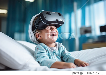 Boy wearing virtual reality headset. VR goggles innovation technology. Generative AI 106715706