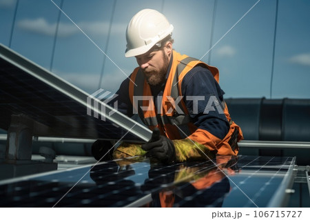 Engineer technician working with solar cell panel. Renewable. Generative AI 106715727
