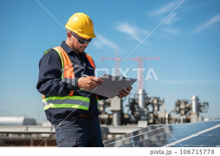 Engineer technician working with solar cell panel. Renewable. Generative AI 106715778