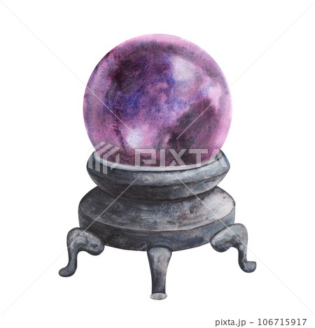 Witch's purple magic glass crystal ball isolated on white background. Watercolor hand drawn mystical sketch iIllustration. Art design esoteric halloween fantasy decoration, scary greeting card 106715917