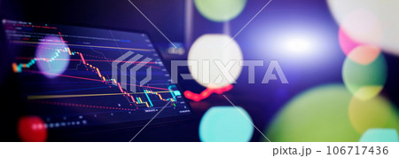 Technical price graph and indicator, red and green candlestick chart on blue theme screen, market volatility, up and down trend. Technical price graph and indicator, red and green candlestick chart on blue theme screen, market volatility, up and down trend. 106717436