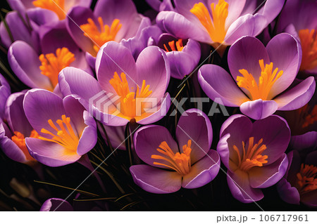 Close up of purple crocus flowers with orange pistil and stamens Arlington, Massachusetts.GenerativeAI. Close up of purple crocus flowers with orange pistil and stamens Arlington, Massachusetts.GenerativeAI. 106717961