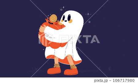 A cute little ghost with pumpkin and candy. tricks or treats. A child in a ghost costume for Halloween. trendy vector illustration 106717980