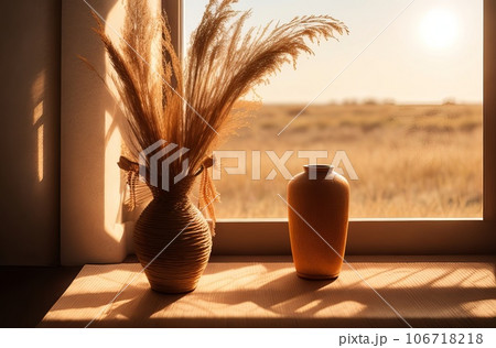 Boho Minimalist Decor: Sunset Vase with Dried Rabbit Tail Grass and Wall Shadows. Generative AI. 106718218