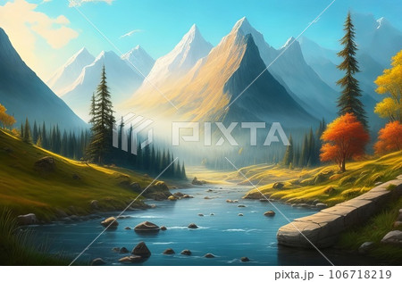 Captivating Landscape Painting Illustration: A Breathtaking Scene. Generative AI. Captivating Landscape Painting Illustration: A Breathtaking Scene. Generative AI. 106718219
