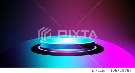 Catwalk or pedestal in full black for product display, photo luxurious, elegant, dark in low light for men, cosmetic LED neon Catwalk or pedestal in full black for product display, photo luxurious, elegant, dark in low light for men, cosmetic LED neon 106719766