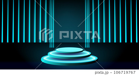 Catwalk or pedestal in full black for product display, photo luxurious, elegant, dark in low light for men, cosmetic LED neon Catwalk or pedestal in full black for product display, photo luxurious, elegant, dark in low light for men, cosmetic LED neon 106719767