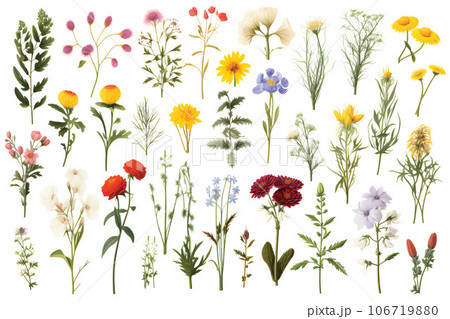 Set of different beautiful flowers on a white background.GenerativeAI. 106719880