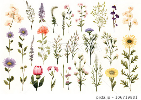 Set of different beautiful flowers on a white background.GenerativeAI. 106719881