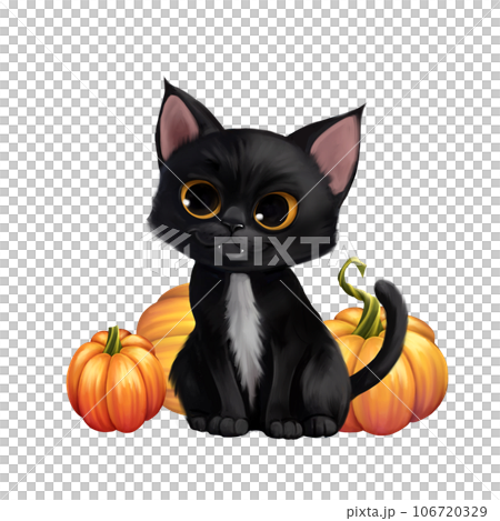 Cute cat sitting with pumpkins, illustration isolated on white. 106720329