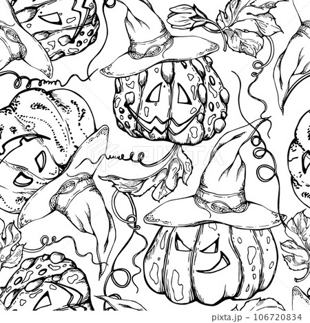 Hand drawn ink vector carved evil face pumpkins and leaves in witch pointy hats. Illustration art Halloween occult party witchcraft. Seamless pattern. Design shops, logo, print, website, card, booklet 106720834