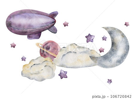 Watercolor hand drawn illustration, magical cosmos universe. Airship balloon, moon and stars, planet, clouds. Composition Isolated on white background. For kids, children bedroom, fabric, linens print 106720842