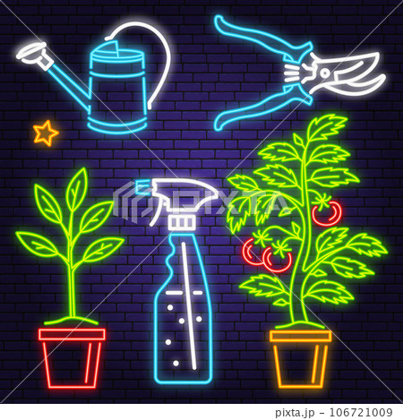 Set of neon garden tools and accessories icon. Vector. Colorful neon light design icon, hand secateurs, garden pruner, watering can, sprayer, potted tomato seedlings, leaf. Set of neon garden tools and accessories icon. Vector. Colorful neon light design icon, hand secateurs, garden pruner, watering can, sprayer, potted tomato seedlings, leaf. 106721009