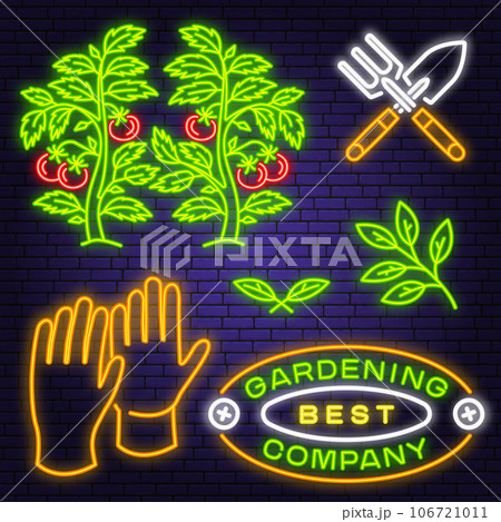 Set of neon garden tools and accessories icon. Vector. Colorful neon light design icon, garden tools gloves safety, hand garden trowel, rake, tomato seedlings, leaf. Set of neon garden tools and accessories icon. Vector. Colorful neon light design icon, garden tools gloves safety, hand garden trowel, rake, tomato seedlings, leaf. 106721011