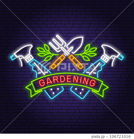 Lawn and Gardening services neon emblem, label, badge, logo. Vector illustration. Colorful neon light design with hand garden trowel, farming fork, sprayer, gardening equipment. 106721016