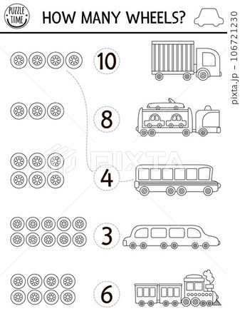 Match the numbers black and white transportation game with vehicles. City transport line math activity for kids. Counting worksheet with cute truck, school bus, limo. How many wheels coloring page 106721230