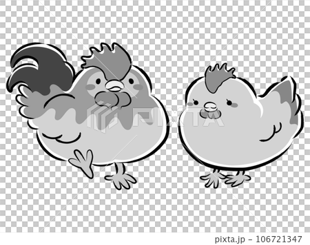 Illustration of a pair of Nagoya Cochin (chickens) (male and female) black and white Illustration of a pair of Nagoya Cochin (chickens) (male and female) black and white 106721347