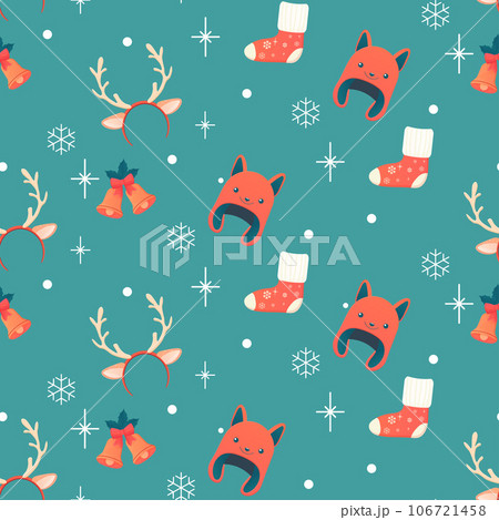 Seamless pattern, winter accessories, hat, socks, antlers, bells Seamless pattern, winter accessories, hat, socks, antlers, bells 106721458