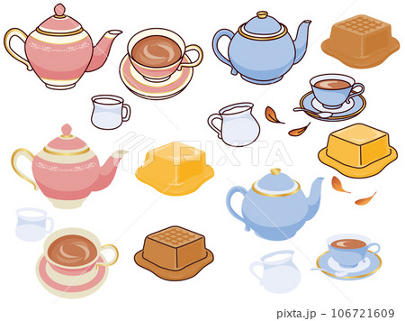 紅茶のイラスト(ミルクティー、バター、キャラメル、ミルク、線画、ティーポット、カフェ) 紅茶のイラスト(ミルクティー、バター、キャラメル、ミルク、線画、ティーポット、カフェ) 106721609