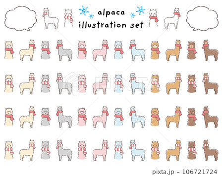 マフラーを巻いたアルパカのイラストセット(吹き出し付き) マフラーを巻いたアルパカのイラストセット(吹き出し付き) 106721724