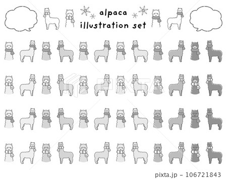 マフラーを巻いたアルパカのイラストセット(吹き出し付き)白黒 マフラーを巻いたアルパカのイラストセット(吹き出し付き)白黒 106721843