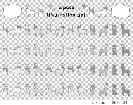 マフラーを巻いたアルパカのイラストセット(吹き出し付き)白黒 マフラーを巻いたアルパカのイラストセット(吹き出し付き)白黒 106721843