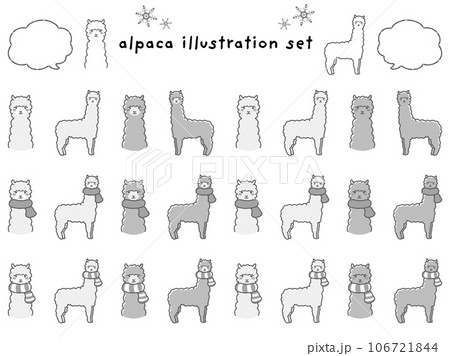 マフラーを巻いたアルパカのイラストセット（吹き出し付き）白黒 106721844